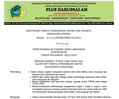KEPUTUSAN PANITIA PENERIMAAN SANTRI DAN PESERTA DIDIK BARU (PSPDB)