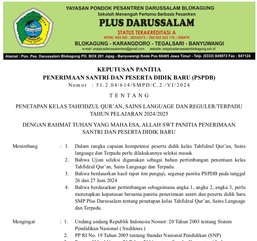 Pengumuman Hasil Seleksi Penerimaan Santri dan Peserta Didik Baru (PSPDB) Program Kelas SMP Plus Darussalam Tahun Ajaran 2024-2025
